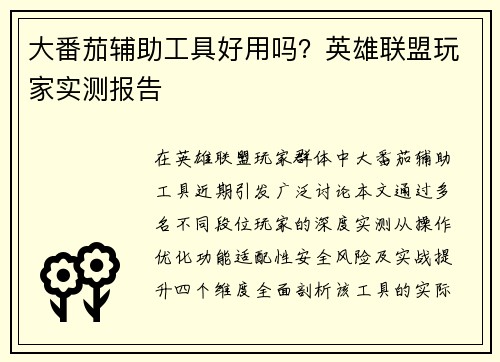 大番茄辅助工具好用吗？英雄联盟玩家实测报告